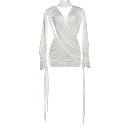 Sisterlinda Cross Waistless Dress Women Y2K High Neck Bandage Tassel Slit Long Sleeve Backless Folds Sexy Midnight Party Bodycon