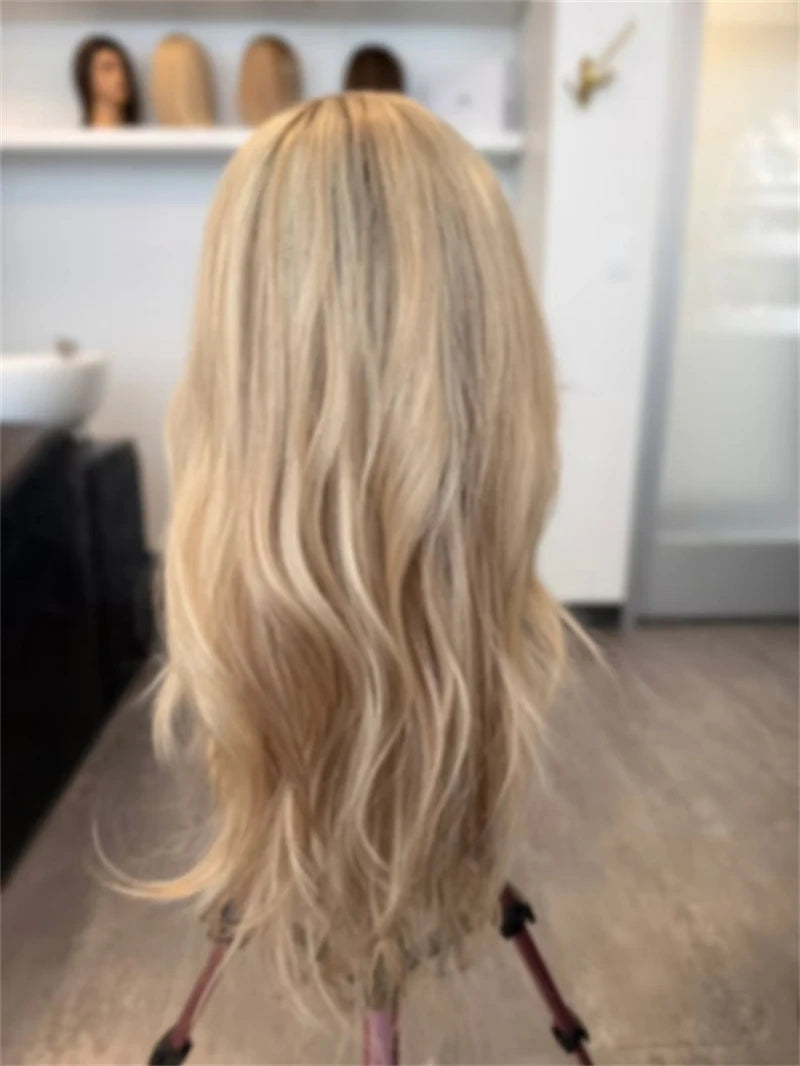 Trendy Wigs Free Part Ombre Golden Blonde Highlights Synthetic HD Lace Front Wig Preplucked Hairline High Quality Wig for Women
