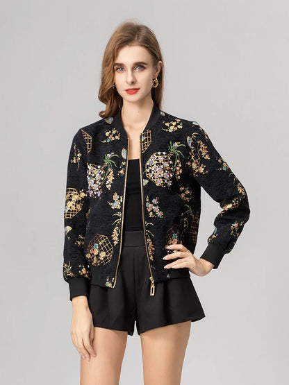 Luxury Beaded Black Jacquard Bomber Jacket Women Vintage Stand Collar Baseball Coat Elegant Embroidered Rhinestone Outerwear