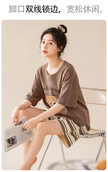 100% Pure Cotton Women Pajamas Summer Cartoon Print Pijamas Girls Nightwear Homewear Short Sleeve Sleepwear O-neck Loungewear