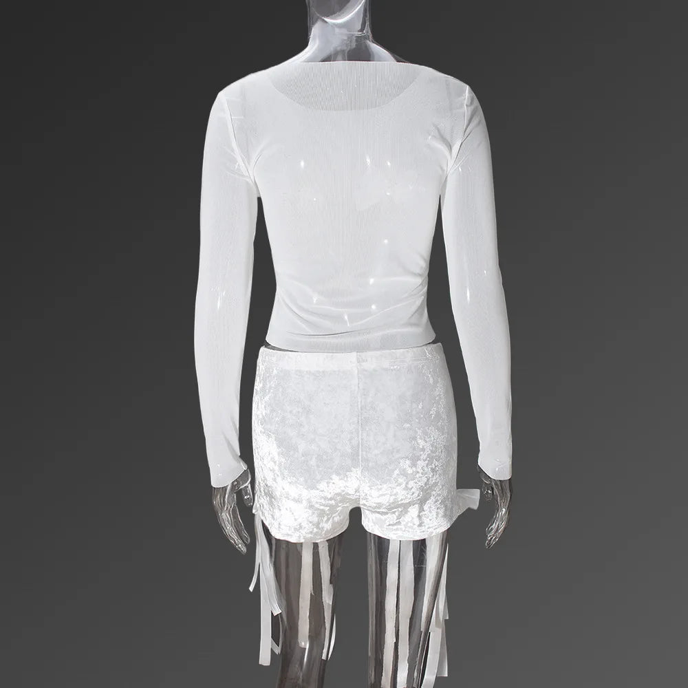White 3D Bowknot Tassel Sexy Sheer Mesh Women Two Piece Short Sets 2026 Summer Fashion Long Sleeve Tshirt and Mini Shorts Outfit