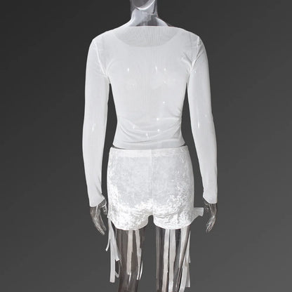 White 3D Bowknot Tassel Sexy Sheer Mesh Women Two Piece Short Sets 2026 Summer Fashion Long Sleeve Tshirt and Mini Shorts Outfit