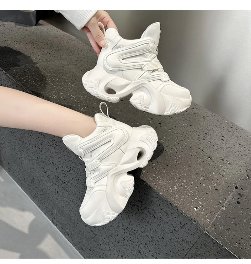 Chunky Platform Hidden Height Increasing Sneakers Casual Lace Up Shoes In White And Grey With Hollow Out Design For Streetwear