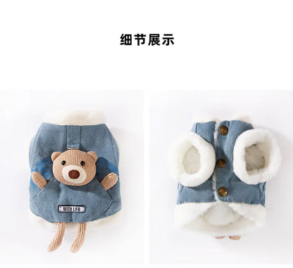 Cat autumn and winter thickened warm pocket three-dimensional bear denim traction vest small dog dog pet clothes