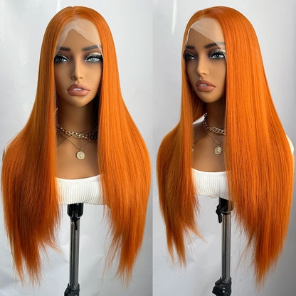 AIMEYA 13x4 Lace Orange Wig Lace Front Natural Hairline Synthetic Long Silky Straight Wig Daily Wear Heat Resistant Fiber