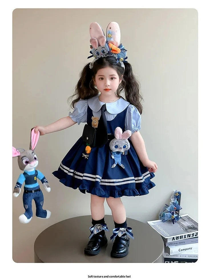 Judy Officer Costumes Short-Sleeved Lolita Dress Girls Halloween Carnival Cosplay Rabbit Fancy Dress Birthday Gift for Girls