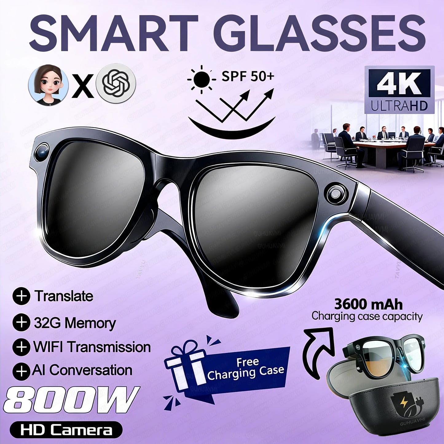2026 New 800W Camera 3600mAh Portable Charger Smart Glasses 100+language Translation Bluetooth Call Music Player AI Chat Glasses