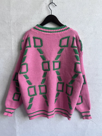 Autumn Winter Jacquard Knitted Coat Women Fashion V-neck Long Sleeve Single Breasted Knitting Cardigan Coats Female Streetwear