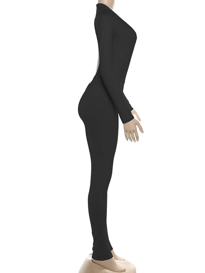 Nibber Backless Jumpsuit Women Deep v-Neck Long Sleeve Solid Skinny High Stretch Sexy Midnight Coquette Basis Wild Fall Outfits
