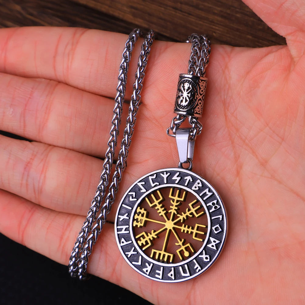 Vintage Vegvisir Viking Compass Pendant Necklace for Men Stainless Steel Fashion Nordic Amulet Beaded Necklace Jewelry Wholesale