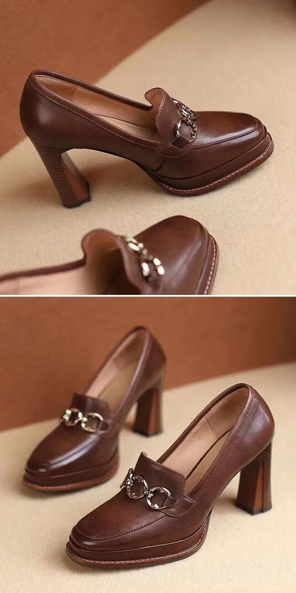 Split Cowhide Leather Shoes,Women Platform Block High Heels,Square Toe, Slip On,Retro Style,Brown,Black,Size 34-39,Dropship