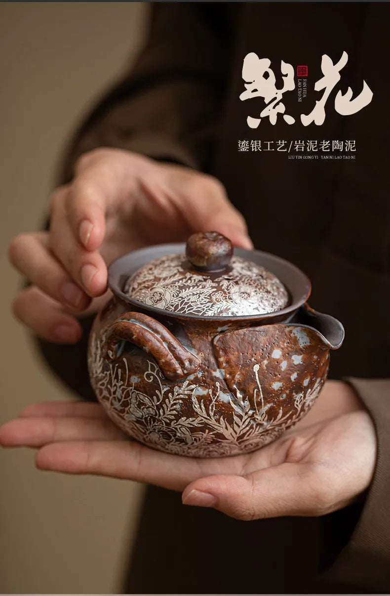 190ml Retro Flower Gilded Silver Hand Grasping Pot Old Rock Mud Treasure Bottle Pot Coarse Pottery Filter Kettle Kung Fu Teaset