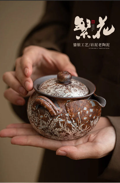 190ml Retro Flower Gilded Silver Hand Grasping Pot Old Rock Mud Treasure Bottle Pot Coarse Pottery Filter Kettle Kung Fu Teaset