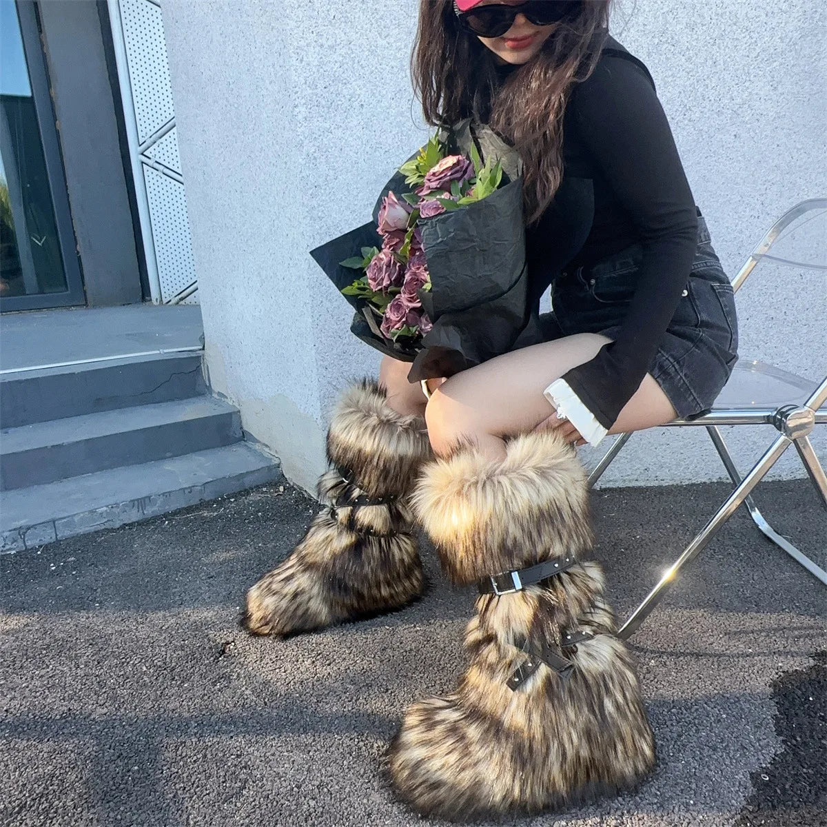 Faux Fur Knee-High Boot Round Toe Height Increasing Wild Winter Warmer Belt Buckle Slip-On Fashion Luxury Sexy Women Shoe Newest