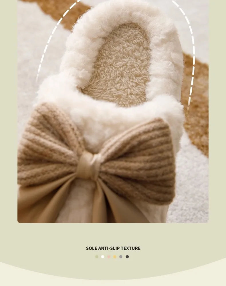 Thick Soled Non Slip Home Plush Slippers 2025 New Cotton Slippers for Women Bow Slippers for Autumn and Winter Warm for Women