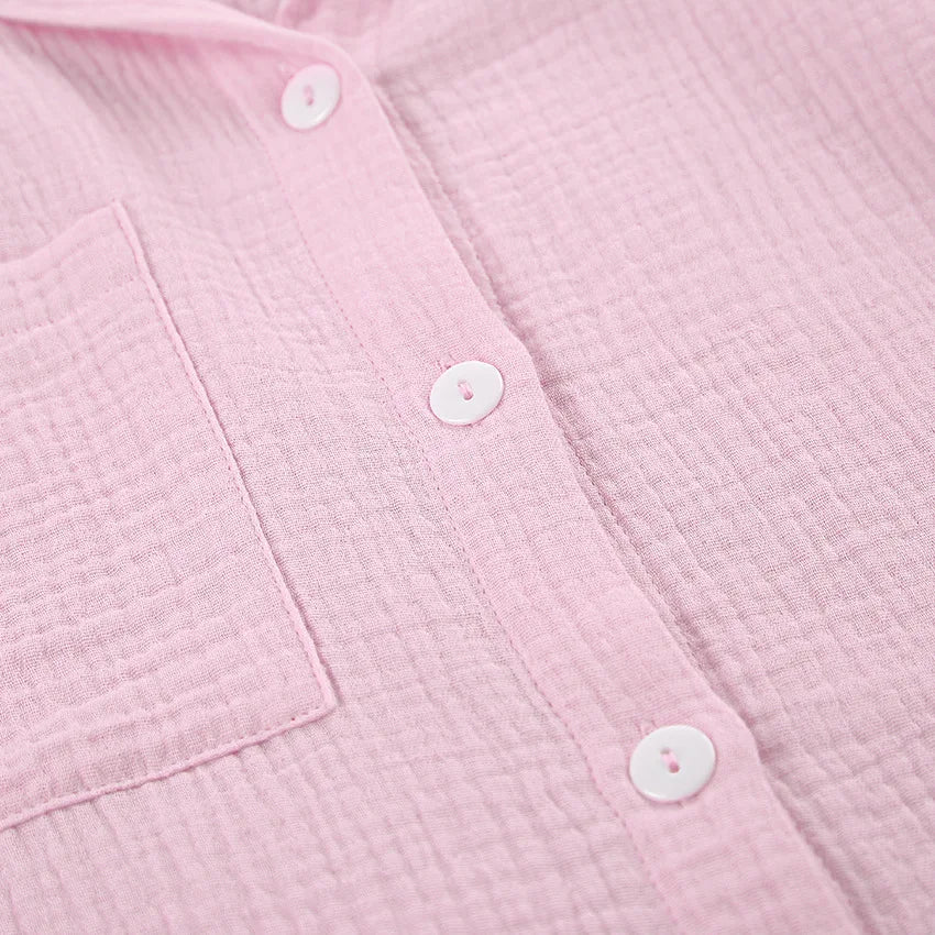 Casual Crape Cotton Pink Two Pieces Sets Women Lace Lantern Sleeve Shirts And Baggy Shorts Sleepwear Spring Summer