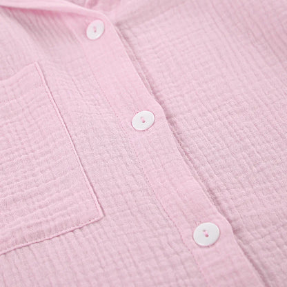Casual Crape Cotton Pink Two Pieces Sets Women Lace Lantern Sleeve Shirts And Baggy Shorts Sleepwear Spring Summer