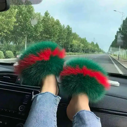 Fur Slippers Women Summer Fluffy Plush Casual Fluffy Flat Non-Slip Real Fox Fur Slides Outdoor Flat Ladies Sandals Flip Flops