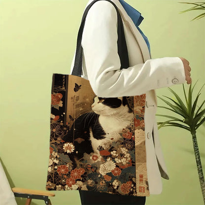 Classic Black And White Cat Tote Bag With Cat Print, Reusable Shoulder Shopping Beach Bag For Women, Durable Casual Carryall