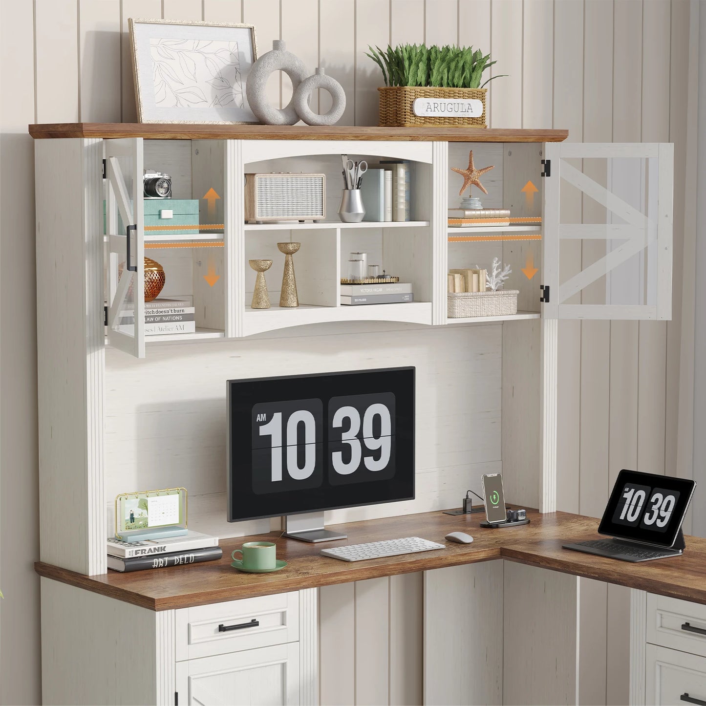 72" L-Shaped Executive Desk with Hutch, Farmhouse Home Office Desk, Wood L Shaped Computer Desks, Withe Computer Workstations