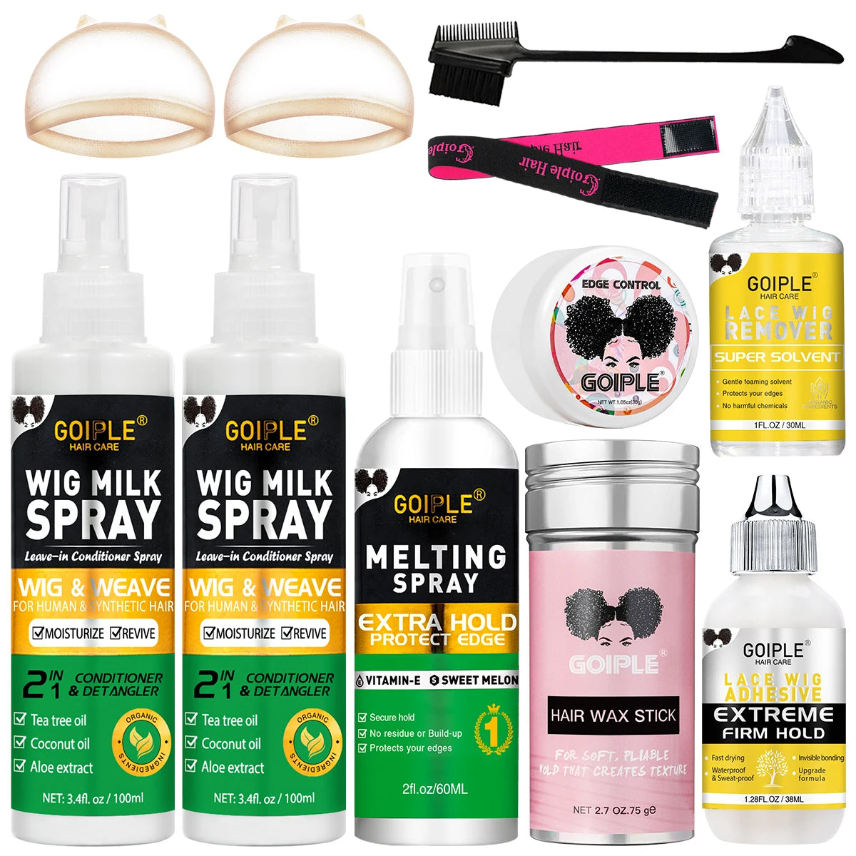 Wig Care Solution Spray for Synthetic Hair with Wig Shampoo Smooth Conditioner Wax Stick Lace Wig Adhesive Remover Styling Tools