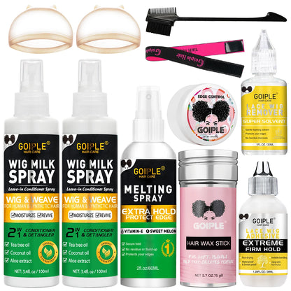 Wig Care Solution Spray for Synthetic Hair with Wig Shampoo Smooth Conditioner Wax Stick Lace Wig Adhesive Remover Styling Tools