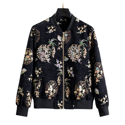 Luxury Beaded Black Jacquard Bomber Jacket Women Vintage Stand Collar Baseball Coat Elegant Embroidered Rhinestone Outerwear