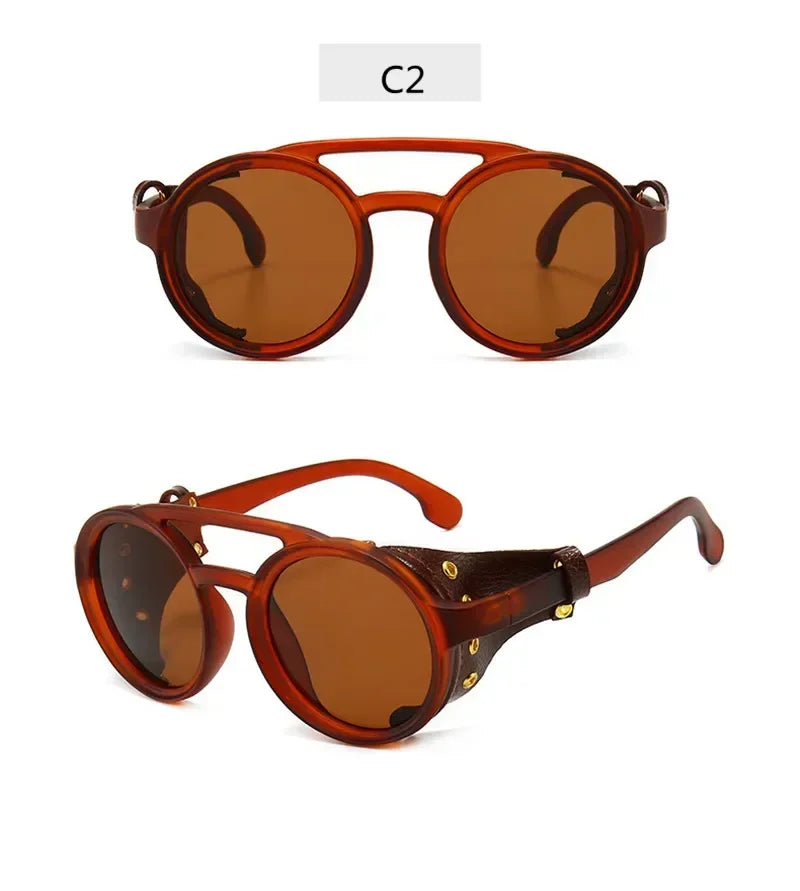 Steampunk Shields Sunglasses Men Women Classic SunGlasses With Side Leather Round Eyewear Pink UV400 Lens