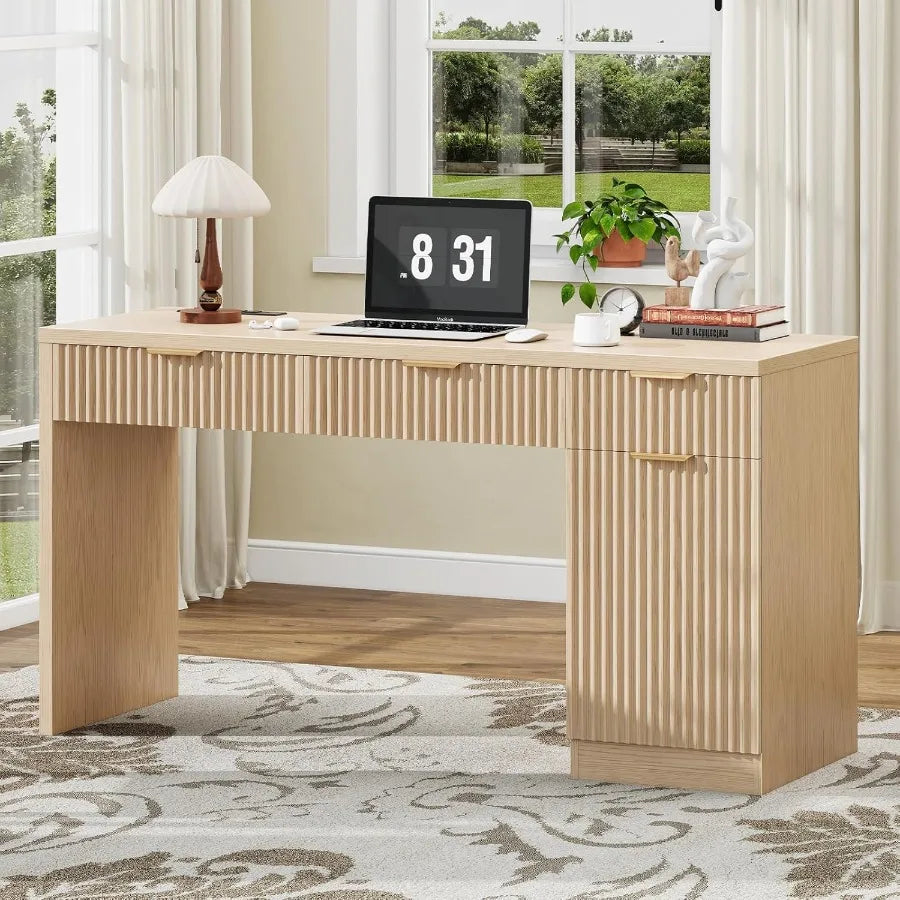 60 Executive Desk with Fluted Drawers Wood Home Office Desk with Storage Cabinet Charging Station Fluted Computer Writing Desk