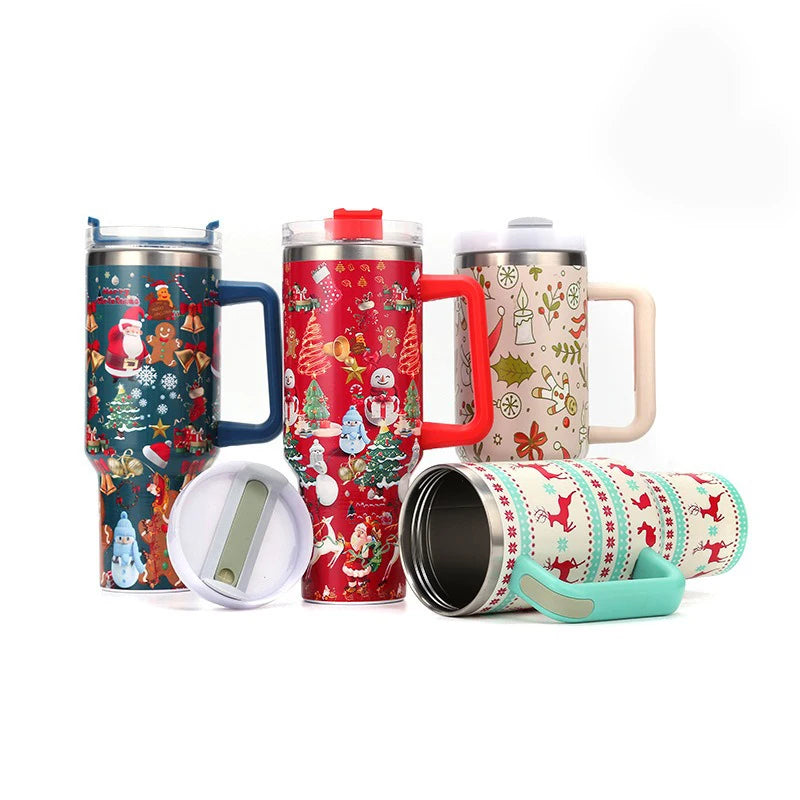 40oz Thermos Bottles Stainless Steel Christmas Series Insulated Water Bottle with Handle/straw Car Ice King Cup Christmas Gift
