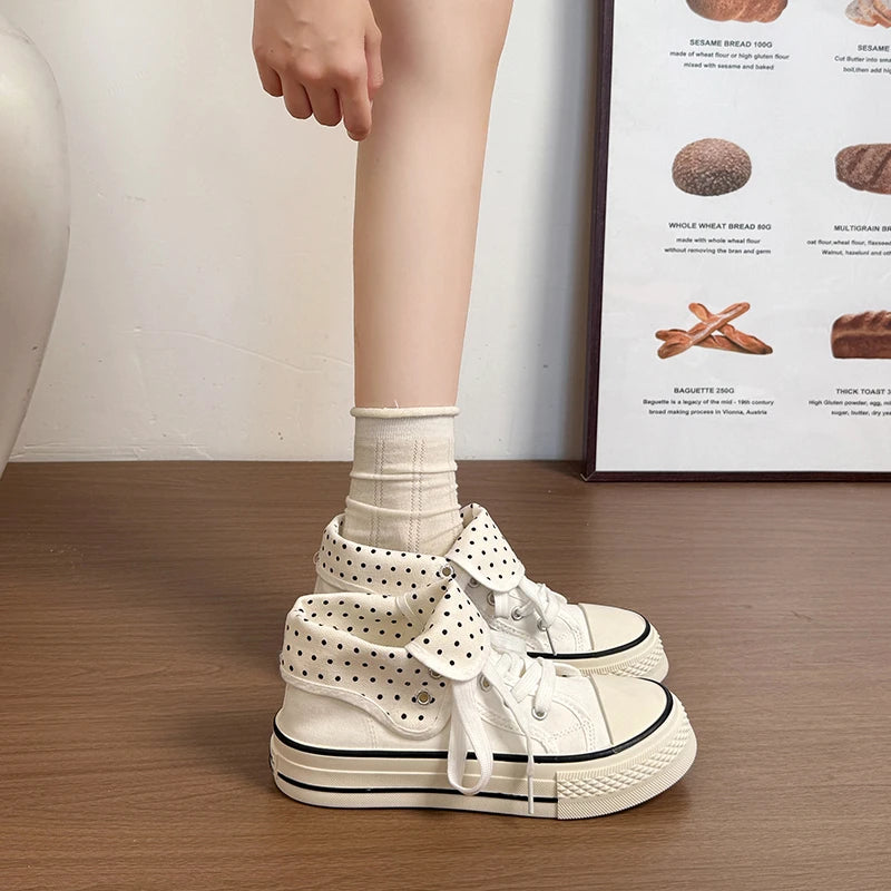 New High Help Canvas Shoes Dots Women's Casual Shoes Woman Vulcanize Sneakers Comfortable Sport Walking Platform Flats Shoes 015