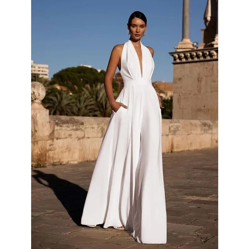 Elegant Women Corset Party Jumpsuit Y2K Sexy Halter Backless Loose Wide Leg Trousers Palazzo Pants Romper Celebrity One Pieces