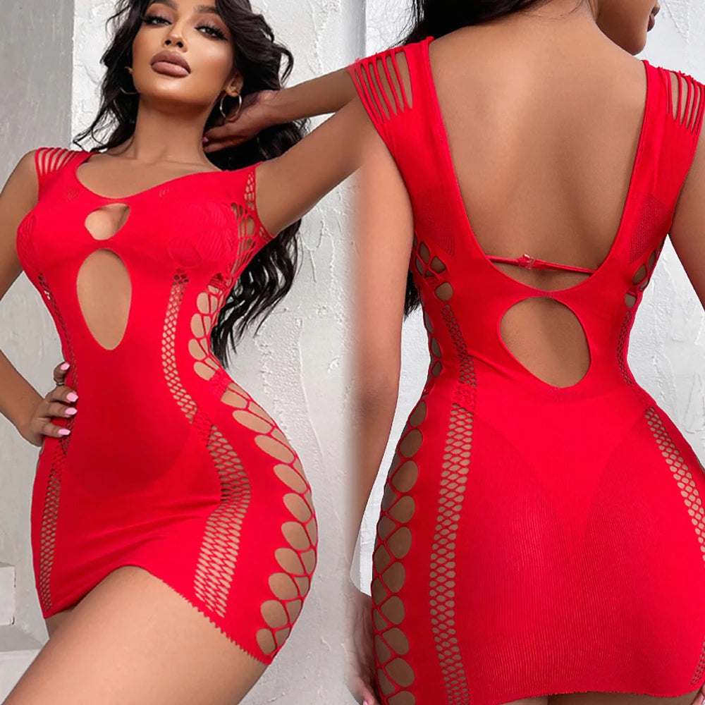 Sexy Women Fishnet Bodycon Mini Dress Mesh Hollow Out See Through Lingerie Erotic Perspective Temptation Nightdress Costume