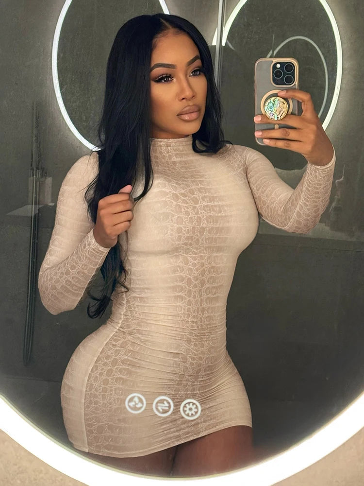 Weird Puss Hottie Snake Pattern Dress Women Winter Trend Full Sleeve Sexy Street Midnight Activity Stretch Skinny Mini Bodycon