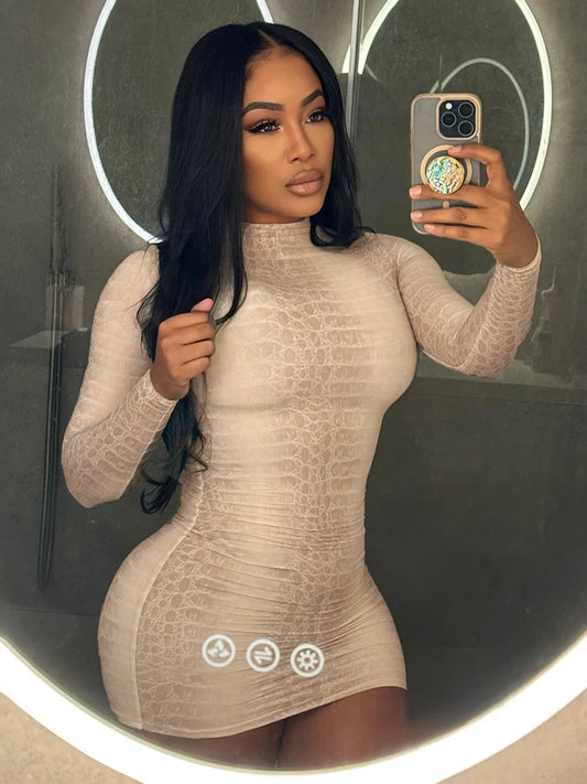 Weird Puss Hottie Snake Pattern Dress Women Winter Trend Full Sleeve Sexy Street Midnight Activity Stretch Skinny Mini Bodycon