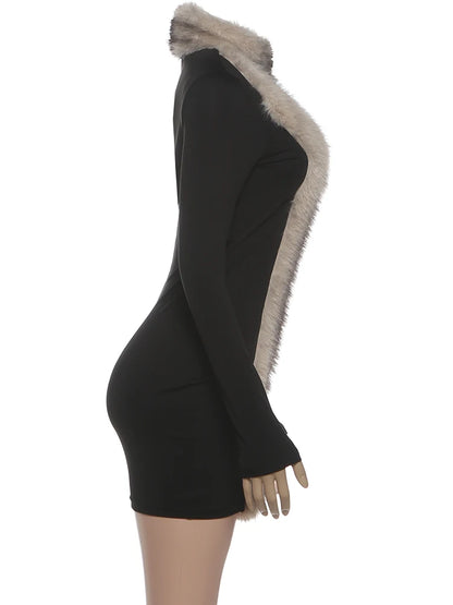 Kliou Sexy Fashion Mini Dresses Woman Furry Patchwork Turtleneck Full Sleeve Skinny Peach Hip Hottie Midnight Club Party Bodycon