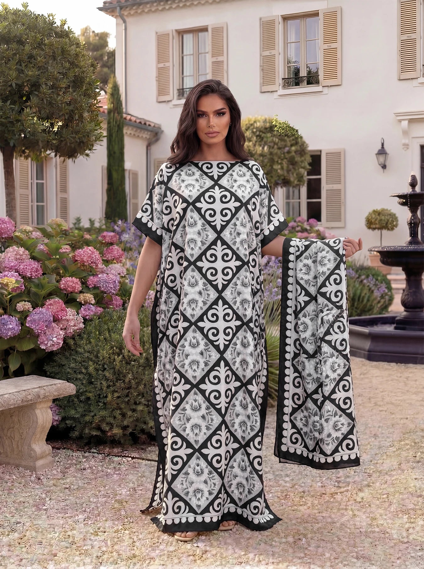 Boho Geometric Print Satin Abaya Scarf Set, Loose Batwing Maxi Kaftan For Muslim Women Summer Daily Holiday Wear