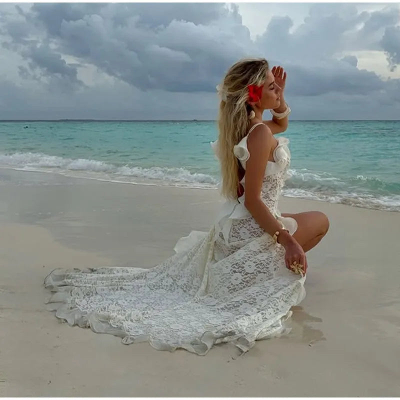 Sexy Hollow Out Lace Maxi Dress Women Spaghetti Strap Ruffles Party Club Robes Backless Side Slit Beach Vacation Lady Dress