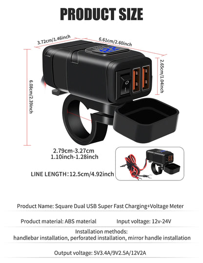 1x Motorcycle Dual USB Socket QC3.0 Fast Charger 60W Handle Style with Switch Voltmeter Waterproof 12V Power Supply Adapter Kit
