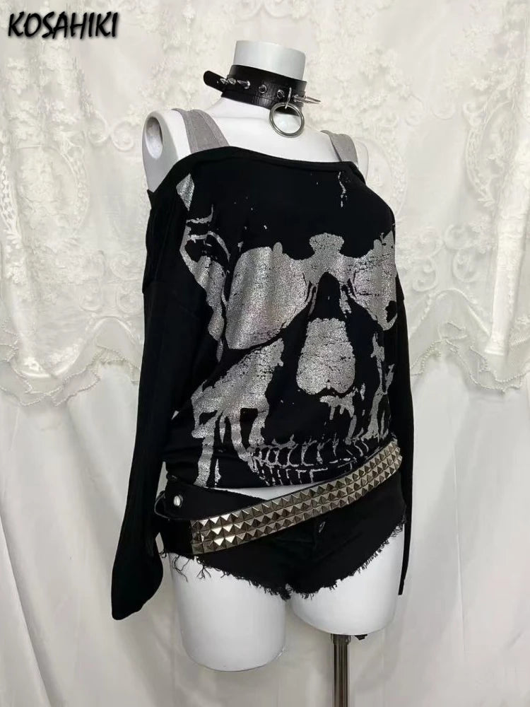 Y2k Fake Two Pieces Vintage Tops Streetwear Slash Neck Skull Print Off Shoulder Gothic Punk Tshirts Women Grunge Harajuku Tees
