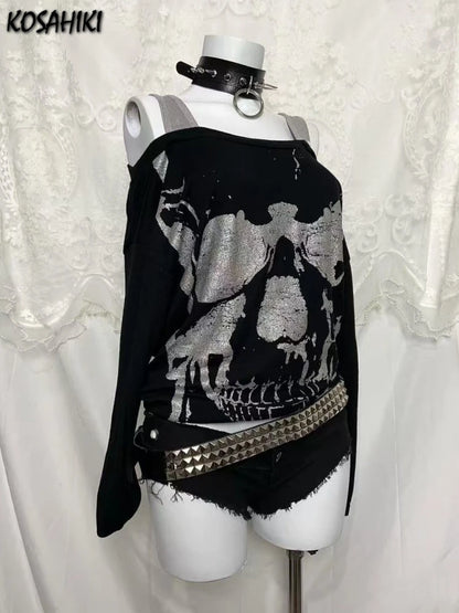 Y2k Fake Two Pieces Vintage Tops Streetwear Slash Neck Skull Print Off Shoulder Gothic Punk Tshirts Women Grunge Harajuku Tees