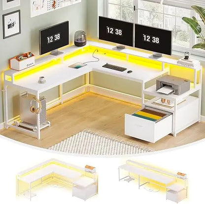 Office Desk with Wood File Drawer & Power Outlet,Gaming Desk with Led Lights,Corner Computer Desk with Monitor Shelf,Customized