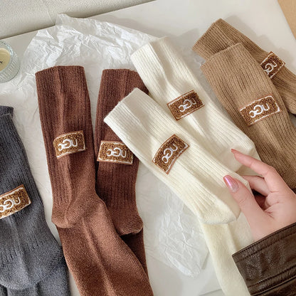 2 Pairs Cashmere Socks Winter Women Warm Wool Thickened Mid-Tube Trendy Heel Furry Label Letter Solid Color Snow Boot Socks New