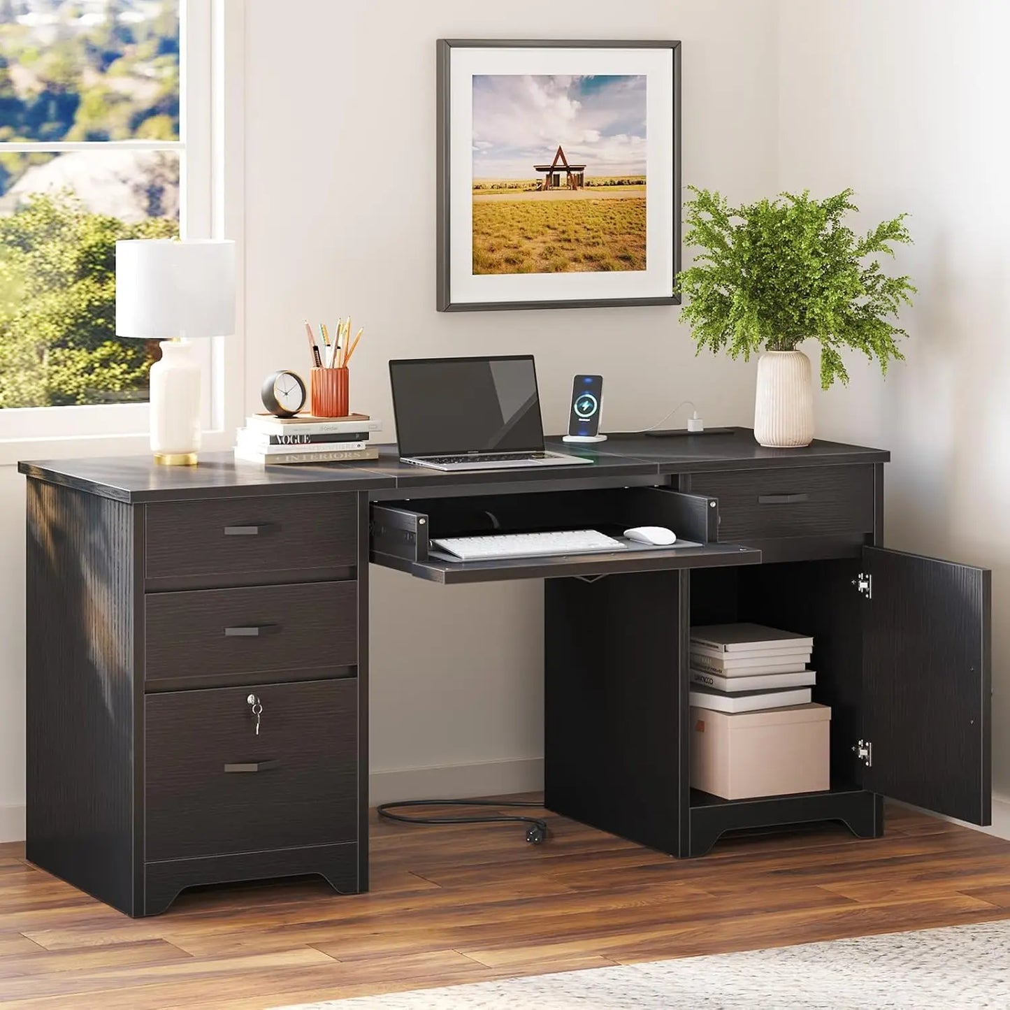59” Office Desk with Lockable Drawers, Modern Computer Desk with File Drawer, Charging Station & Drop-Front, Customized