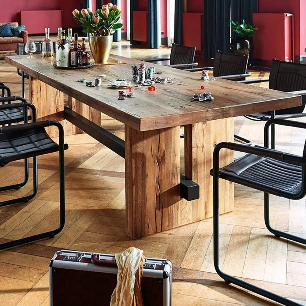 Farmhouse Solid Wood Brown Dining Table Minimalist Rectangle Kitchen Dining Table with Trestle Base Conference, Customized