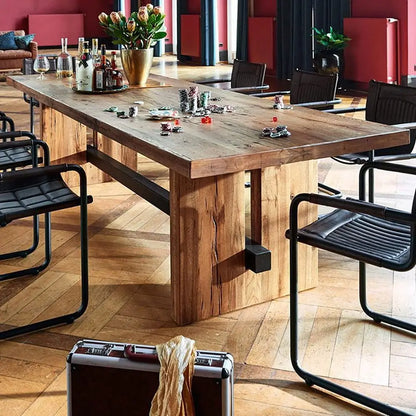 Farmhouse Solid Wood Brown Dining Table Minimalist Rectangle Kitchen Dining Table with Trestle Base Conference, Customized