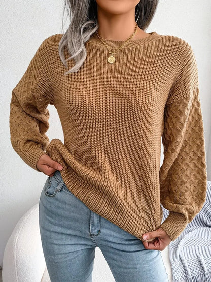 2024 Autumn Winter Casual Lantern Long Sleeved Knitted Sweater Fashion Army Green Round Neck Sweater Elegant Knitted Pullover