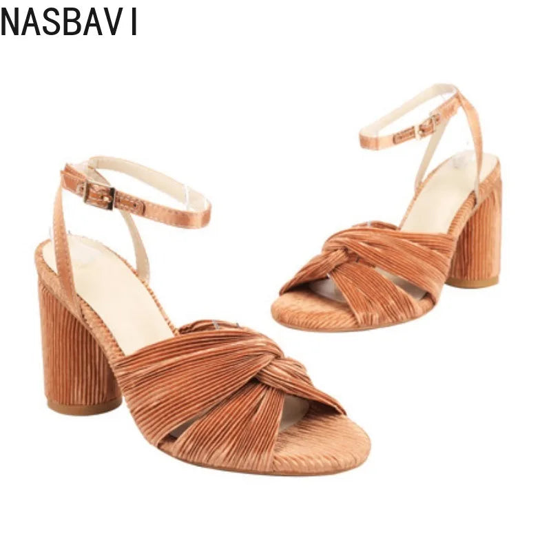 NASBAVI Straps Women's Sandals Summer Shoes Luxury Peep Toe Flip Flops Round High Heels Gold Party Dance Wedding Shoes Ladies