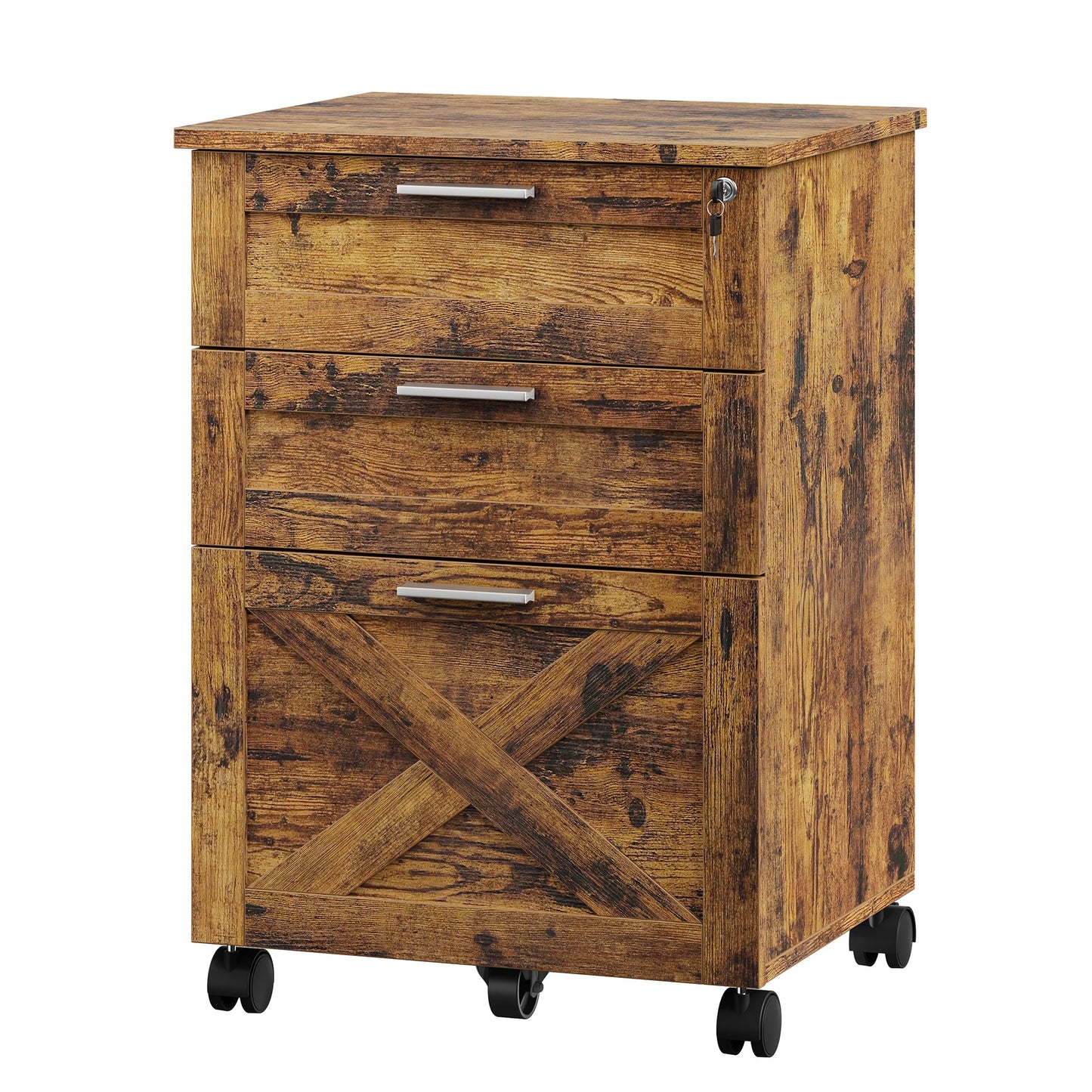 3 Drawer Rolling File Cabinet with Lock & Casters, Wooden Mobile Storage Organizer Printer Stand, Fits A4/Letter for Home Office