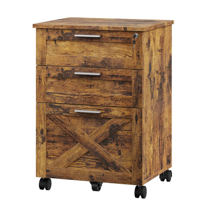 3 Drawer Rolling File Cabinet with Lock & Casters, Wooden Mobile Storage Organizer Printer Stand, Fits A4/Letter for Home Office